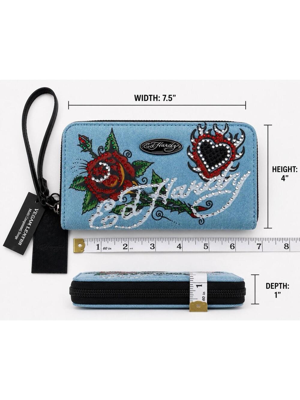 Ed Hardy Denim Tattoo Rose Heart Rhinestone Wristlet NWT - Picture 3 of 9